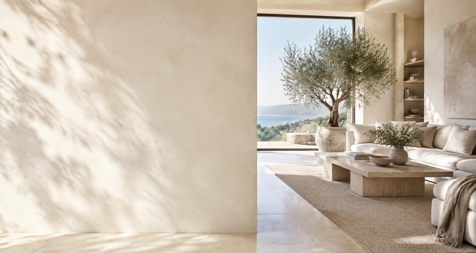 Sunlit luxury living room with linen furnishings and an olive tree